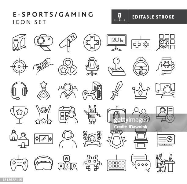 ilustraciones, imágenes clip art, dibujos animados e iconos de stock de e-sports y juegos, equipos de juego, juegos, streamers en línea, ganando gran línea delgada icon set - golpe editable - evento