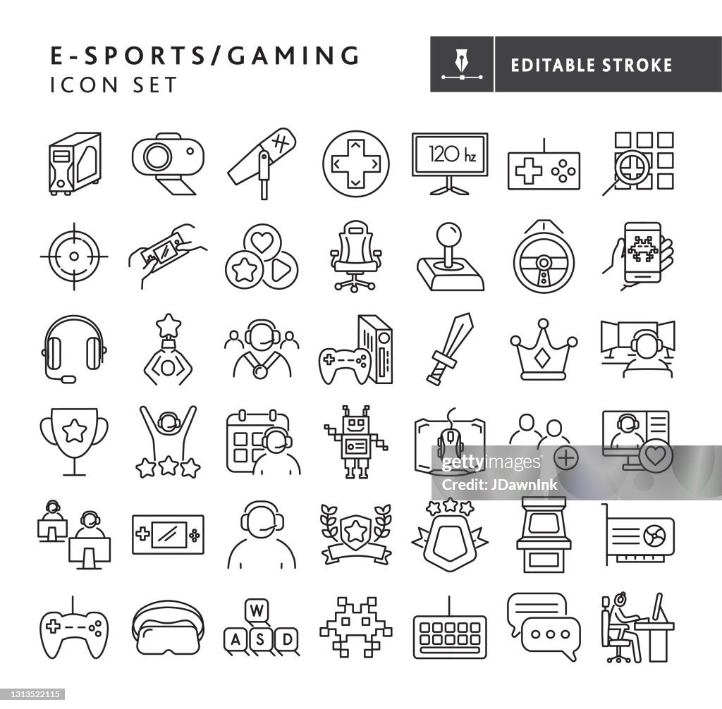 E-sports and gaming, gaming equipment, games, online streamers, winning big thin line Icon set - editable stroke