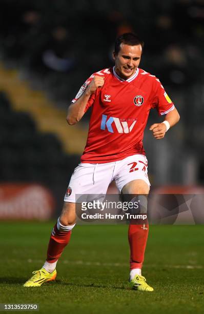 Liam Miller of Charlton Athletic celebrates after scoring their sides fifth goal during the Sky Bet League One match between Plymouth Argyle and...