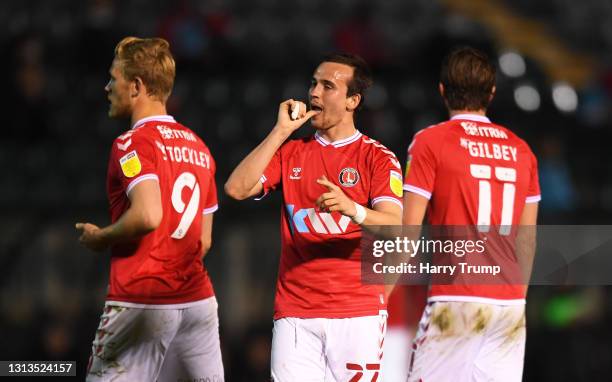 Liam Miller of Charlton Athletic celebrates after scoring their sides fifth goal during the Sky Bet League One match between Plymouth Argyle and...