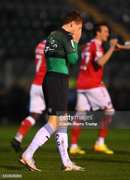 Lewis Macleod of Plymouth Argyle reacts as Kelland Watts of Plymouth Argyle scores an own goal for Charlton's third goal during the Sky Bet League...