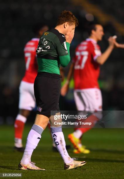 Lewis Macleod of Plymouth Argyle reacts as Kelland Watts of Plymouth Argyle scores an own goal for Charlton's third goal during the Sky Bet League...