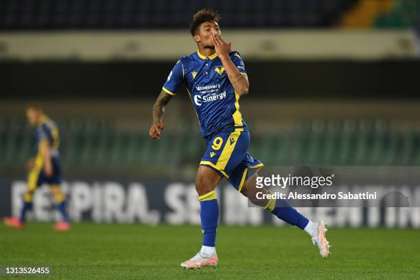 Eddy Salcedo of Hellas Verona F.C. Celebrates after scoring their team's first goal during the Serie A match between Hellas Verona FC and ACF...