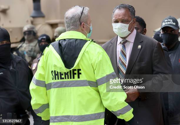 Civil rights leader Rev. Jesse Jackson arrives at the Hennepin County Government Center to await the verdict in the Derek Chauvin trial on April 20,...
