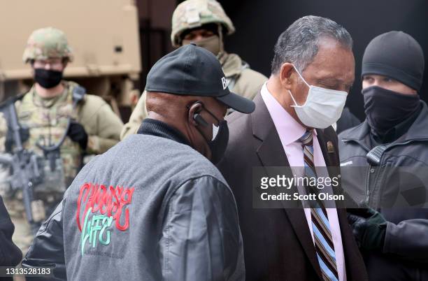 Civil rights leader Rev. Jesse Jackson arrives at the Hennepin County Government Center to await the verdict in the Derek Chauvin trial on April 20,...