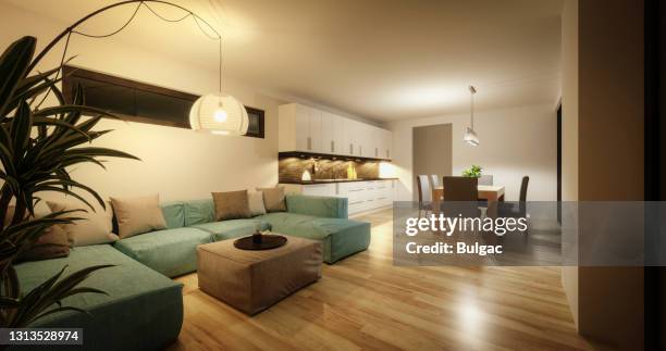 modernes open concept interieur - wohnzimmerlampe stock-fotos und bilder
