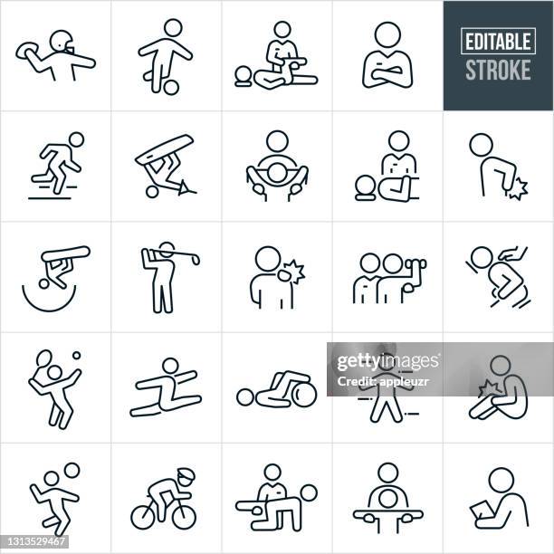 illustrazioni stock, clip art, cartoni animati e icone di tendenza di sport medicine icone linea sottile - tratto modificabile - fisioterapia