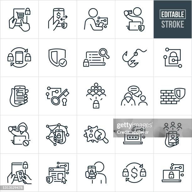 internet security thin line icons - bearbeitbarer strich - schutz stock-grafiken, -clipart, -cartoons und -symbole