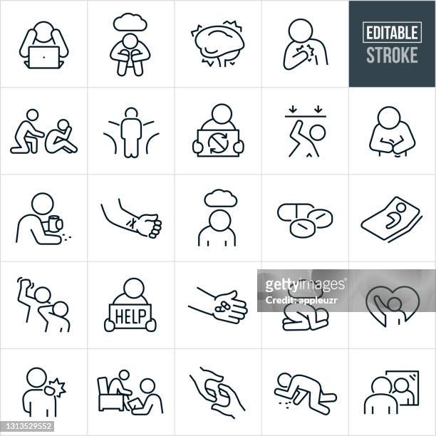 mentale krankheit dünne linie icons - editierbare strich - emotional stress stock-grafiken, -clipart, -cartoons und -symbole