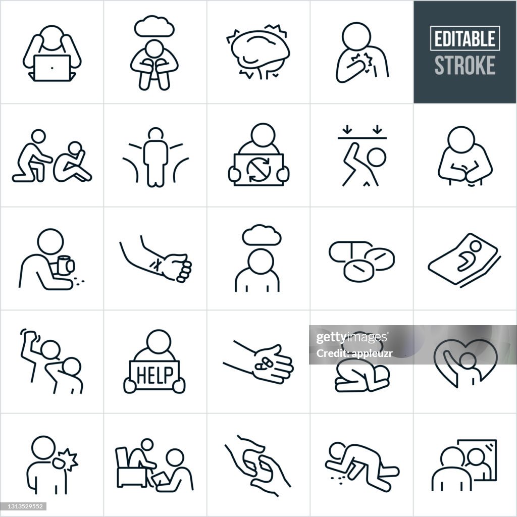 Enfermedad mental Iconos de línea delgada - Accidente cerebrovascular editable