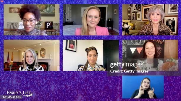 In this screengrab, Zerlina Maxwell, Samantha Bee, Jane Fonda, Lucy Liu, Regina King, and Governor Michelle Lujan Grisham speak during the EMILY’s...