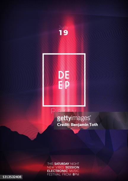 tiefe partei poster design mit dunklen neon berge - poster music stock-grafiken, -clipart, -cartoons und -symbole
