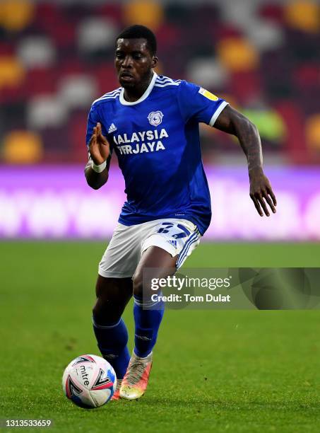 Sheyi Ojo of Cardiff City in action during the Sky Bet Championship match between Brentford and Cardiff City at Brentford Community Stadium on April...