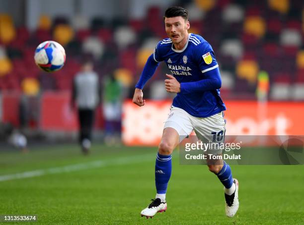 Kieffer Moore of Cardiff City in action during the Sky Bet Championship match between Brentford and Cardiff City at Brentford Community Stadium on...