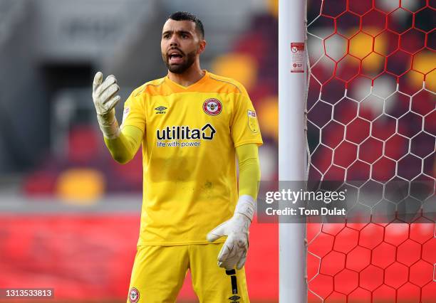 Goalkeeper of Brentford, David Raya gives instructions during the Sky Bet Championship match between Brentford and Cardiff City at Brentford...