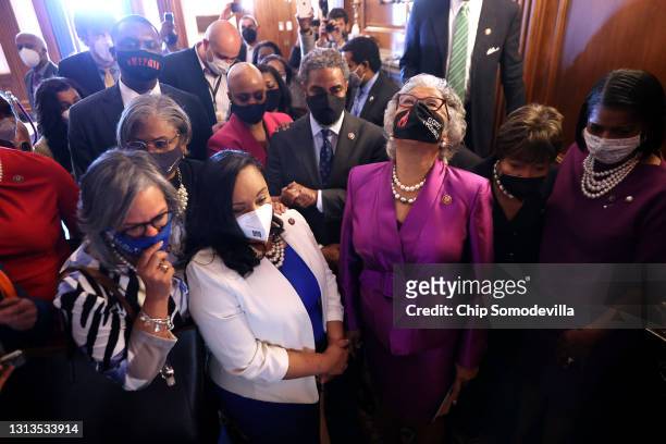 Congressional Black Caucus Chair Rep. Joyce Beatty looks to the sky as she and members of the caucus gather in the Rayburn Room to watch the verdict...
