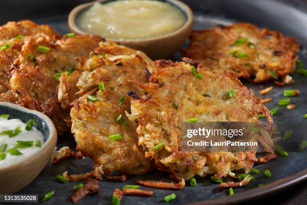 potato pancakes - chive stock pictures, royalty-free photos & images