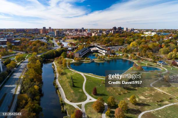 kansas city's country club plaza district and park aerial - missouri stock pictures, royalty-free photos & images
