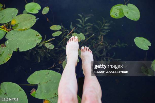 woman's bare-footed legs over lake calm water with lotus leaves - womans bare feet fotografías e imágenes de stock