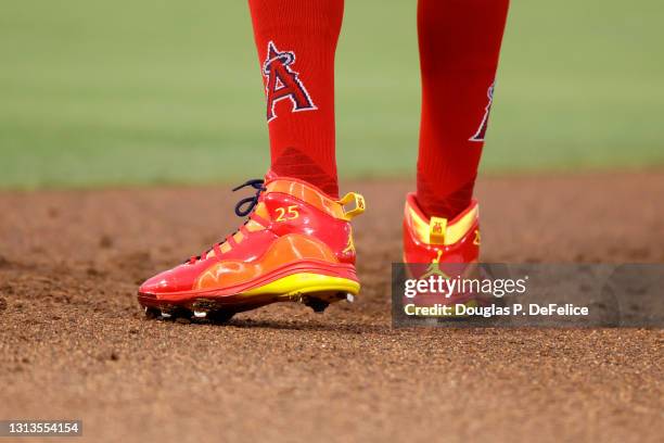 Detailed view of the cleats worn by Dexter Fowler of the Los Angeles Angels during the second inning against the Toronto Blue Jays at TD Ballpark on...