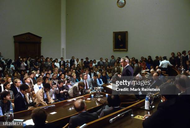 Democratic presidential contender Walter Mondale, standing, Rep. Peter Rodino, D-N.J New York Mayor Edward Koch,seated behind Mondale during a news...