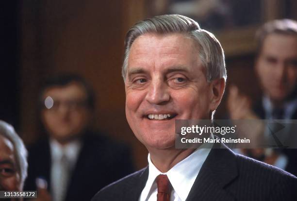 Democratic presidential contender Walter Mondale, during a news conference at the Capital. The former vice president said he would fight a flood of...