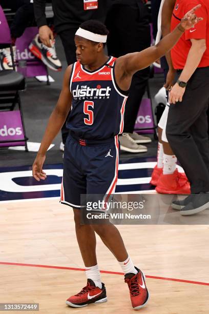 Cassius Winston of the Washington Wizards reacts after a play against the Oklahoma City Thunder during the second half at Capital One Arena on April...