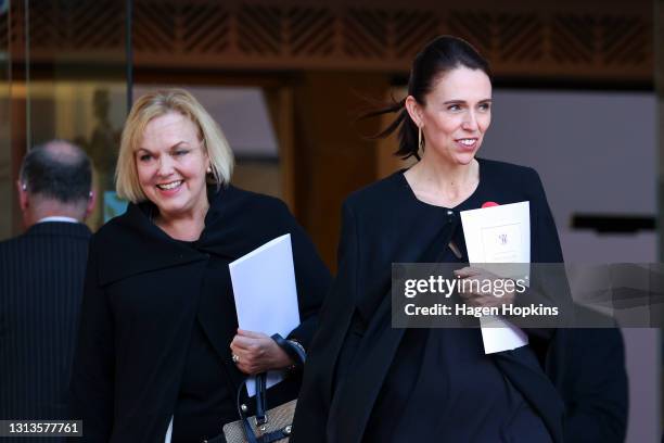 Prime Minister Jacinda Ardern and National Party leader Judith Collins look on after the State Memorial Service for Prince Philip, Duke of Edinburgh,...