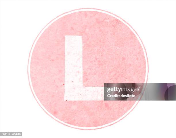 horizontal soft faded pink colored spotted upper case or capital alphabet or letter big l encircled inside a bordered or framed pastel light peach circle over white vector backgrounds- part of series - letter l stock illustrations