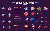 Space Pixel Game Spaceship and Plants Mosaic Set