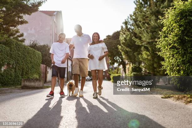 portrait of a young family walking down the street - dog looking down stock pictures, royalty-free photos & images