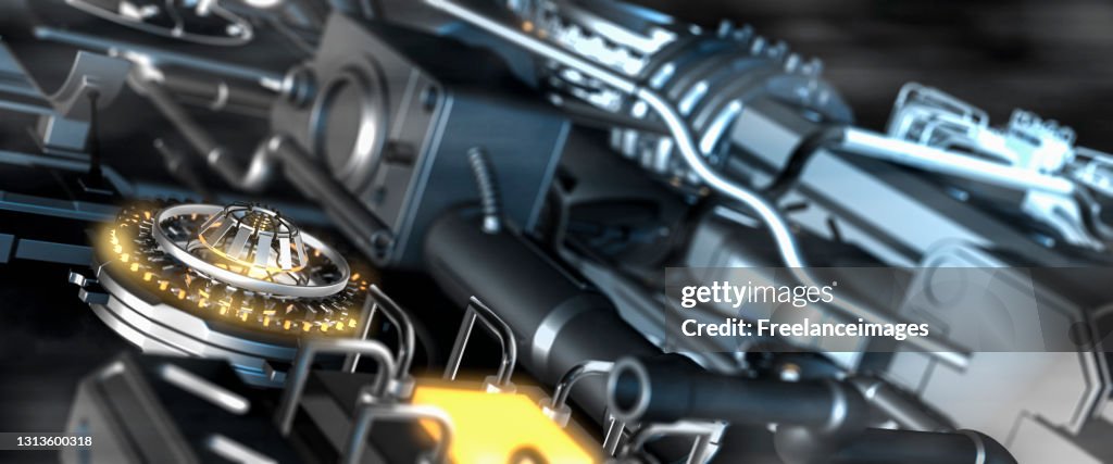 Futuristic Science Fiction Machines With Lit Up Generators In A Dark ...