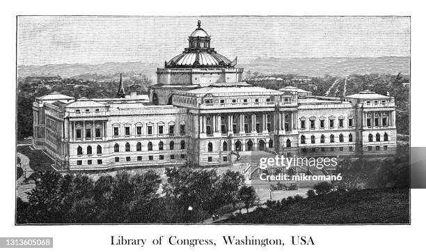 old engraved illustration of library of congress, washington, d.c., usa - biblioteca do congresso imagens e fotografias de stock