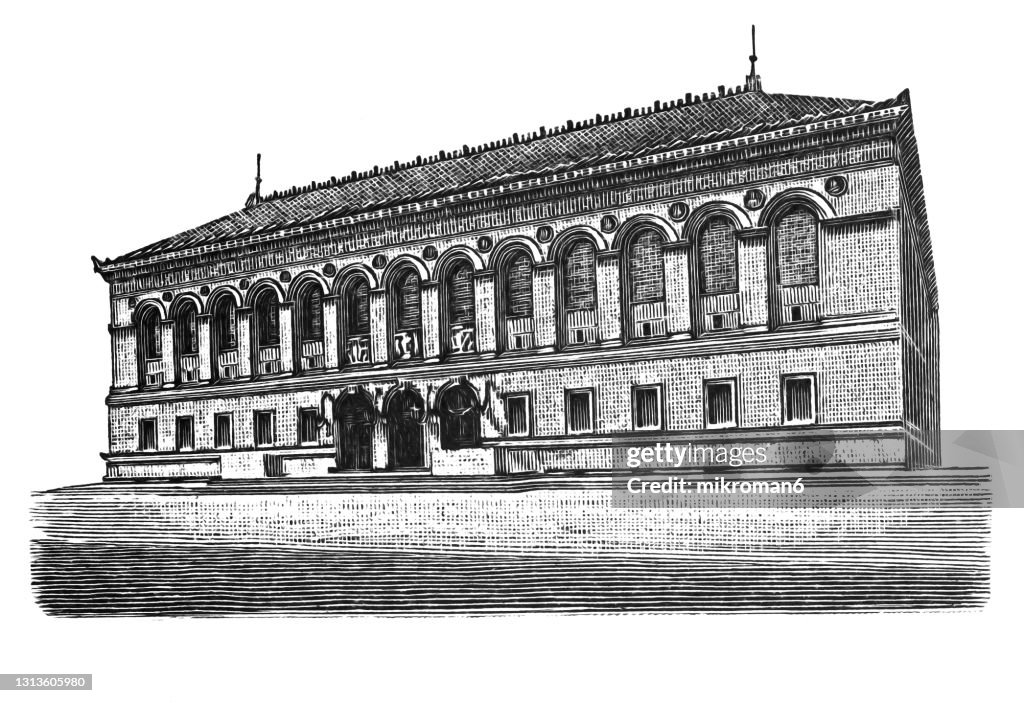 Old engraved illustration of The Boston Public Library in Boston, Massachusetts, United States