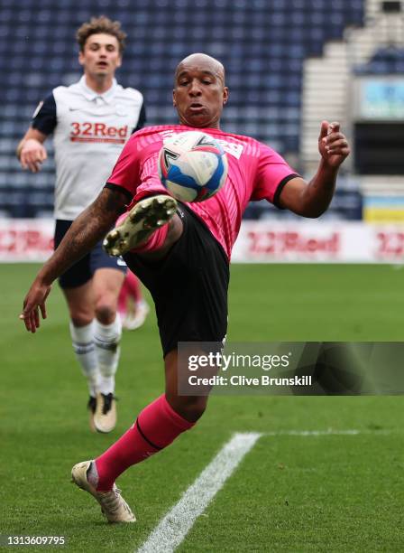 Andre Wisdom of Derby County controls the ball during the Sky Bet Championship match between Preston North End and Derby County at Deepdale on April...
