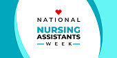 National nursing assistants week. Vector banner for social media, card, poster. Illustration with text National nursing assistants week. Inscription and red heart on white background.