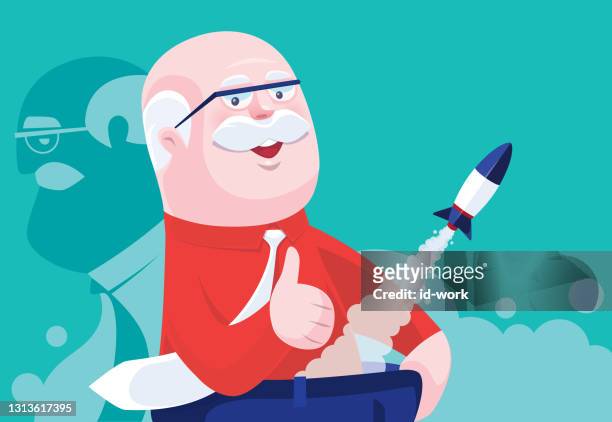 senior man gesturing thumbs up with launching rocket - erectile dysfunction stock illustrations
