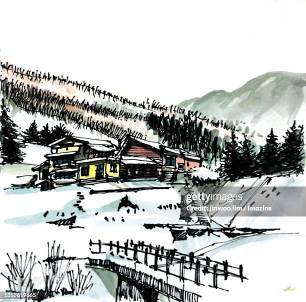 snow landscape of nagano, japan - nagano japan stock illustrations