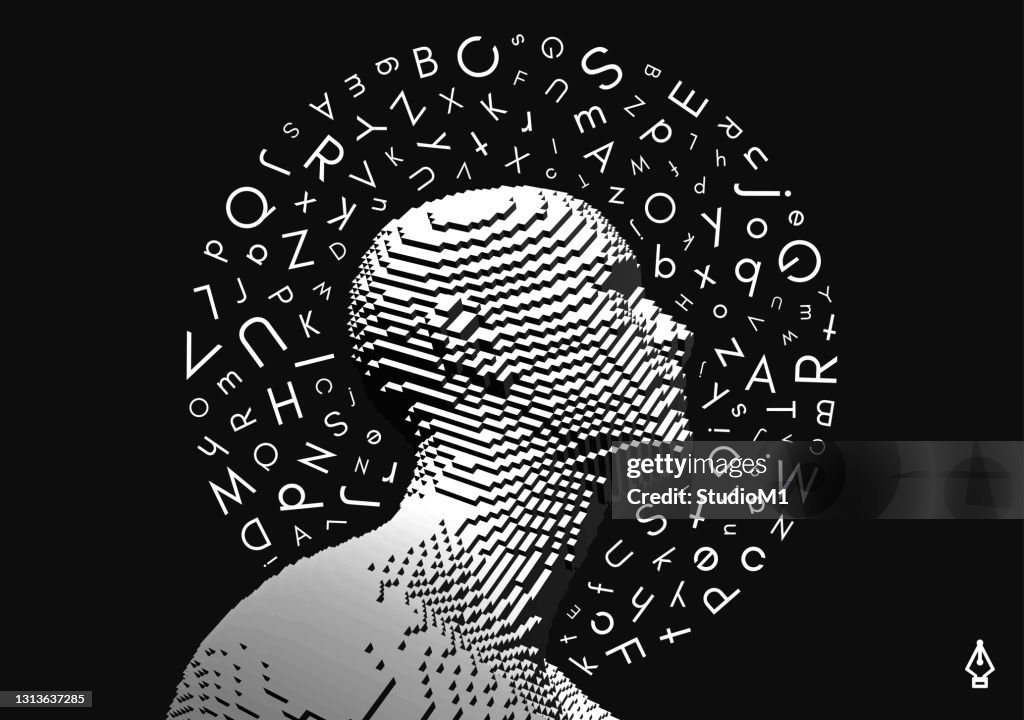 Discovery, studying and learning concept. Brain training. Development of thinking abilities. Halo of letters in chaotic order above the man's head. Vector illustration for education.