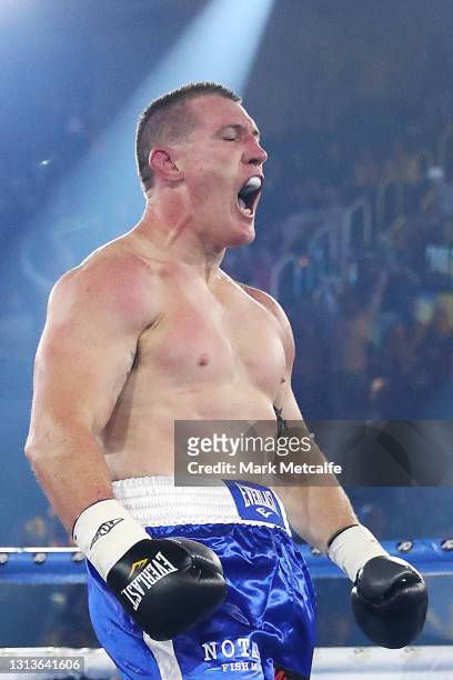 Paul Gallen celebrates defeating Lucas Browne by TKO during their bout at WIN Entertainment Centre on April 21, 2021 in Wollongong, Australia.