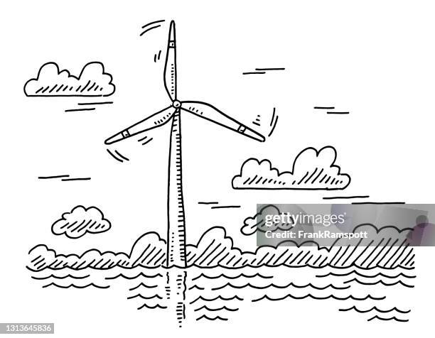 offshore wind turbine drawing - wind farm sea stock illustrations