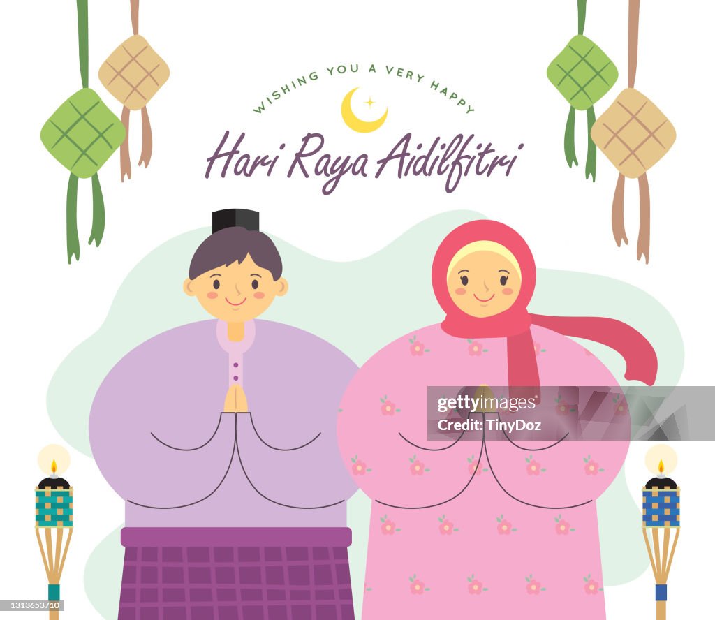 Hari Raya Aidilfitri - cartoon muslim people celebrate festival with ketupat & pelita oil lamp