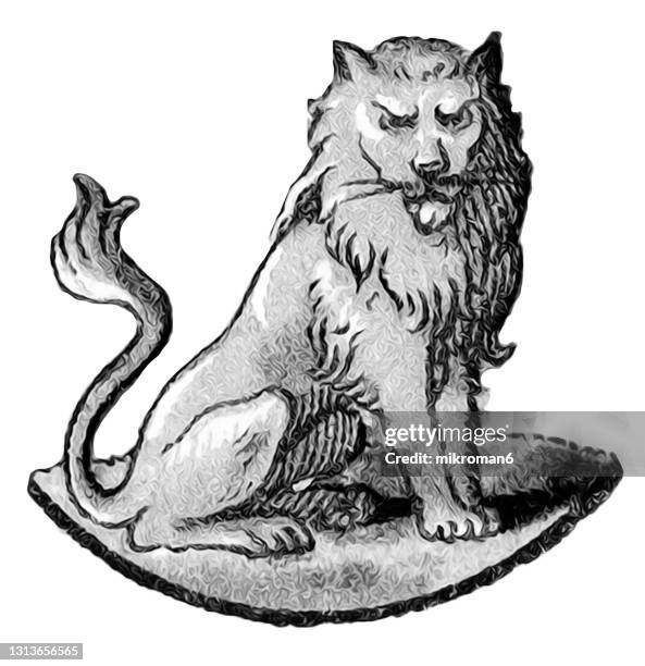 old engraved illustration of the lion - lion white background imagens e fotografias de stock