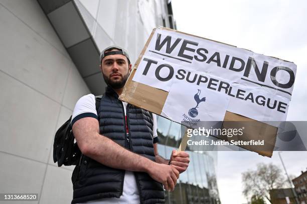 Tottenham Hotspur fans protest against the European Super League prior to the Premier League match between Tottenham Hotspur and Southampton at...