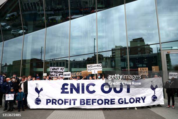 Tottenham Hotspur fans protest against the European Super League prior to the Premier League match between Tottenham Hotspur and Southampton at...