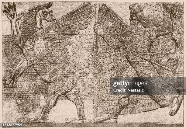 illustrazioni stock, clip art, cartoni animati e icone di tendenza di marduk combatte con il drago per salvare l'umanità dal male, sollievo da nimrud, iraq - archeologia