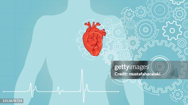 turning gears on human heart - heart attack stock illustrations