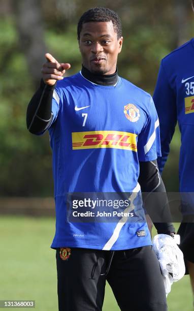 Patrice Evra of Manchester United in action during a first team training session at Carrington Training Ground on November 4, 2011 in Manchester,...