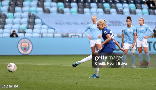 Pernille Harder of Chelsea scores their side's second goal from the penalty spot during the Barclays FA Women's Super League match between Manchester...
