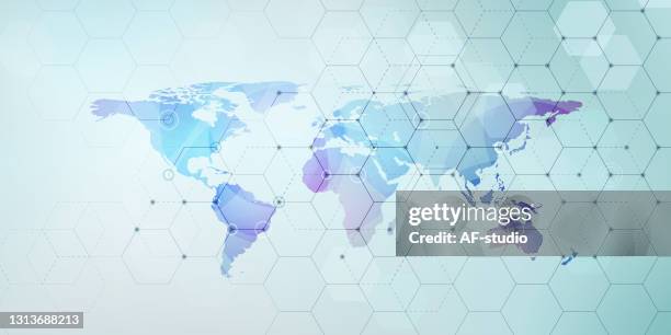 vector hexagonal network pattern with world map - global healthcare stock illustrations